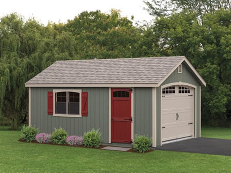 10x14 Transom Dormer Shed, Navajo White siding, Red trim, Black roof, Shown with Black doors